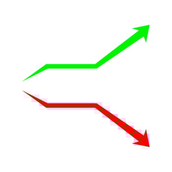 arrow green pointing up and red point down isolated on white background, graphic red green arrow flat symbol, arrow pointing up for clip art, illustration arrow logo for business and finance graph vector