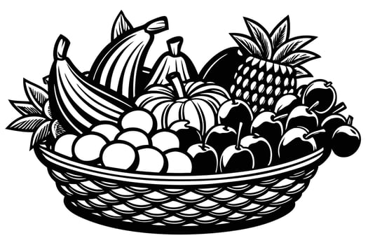 A black and white illustration of a fruit basket vector
