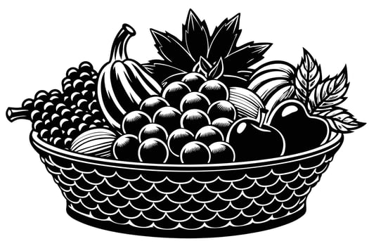 Black and white illustration of a fruit basket vector