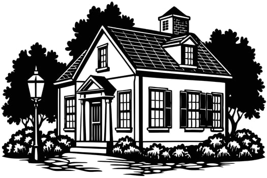 Vintage Black and White Illustration of a Quaint Colonial House vector