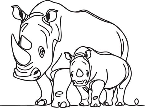 Rhino Mother and Baby Line Drawing. vector