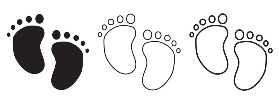 Human footprint icons, footprints showing various styles, barefoot and shoes, detailed outline of different foot shapes, baby footprint silhouette, minimalist illustration vector