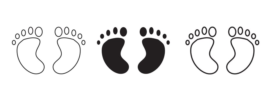 Human footprint icon set, footprints showing various styles, barefoot and shoes, detailed outline of different foot shapes, baby footprint silhouette, minimalist illustration vector