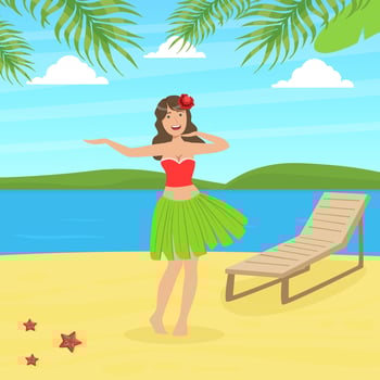 Hawaiian Young Woman in Traditional Skirt of Leaves Dancing on Tropical Beach Illustration vector