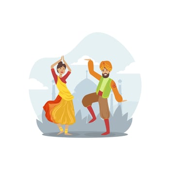 Male and Female Indian Dancers in Traditional Costumes Illustration vector