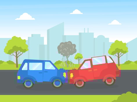 Car Accident, Two Cars Crashing on Highway Illustration vector