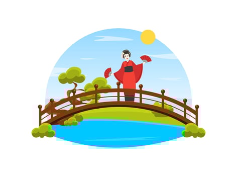 Japanese Girl in Traditional Kimono Dress Standing on Wooden Bridge Illustration vector