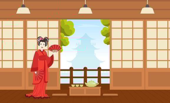 Japanese Girl in Red Kimono Dress Standing on the Background of Traditional Japanese Interior vector