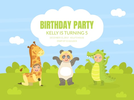 Birthday Party Banner, Festive Invitation Card, Poster, Background with Cute Kids in African Animals Costumes Illustration vector