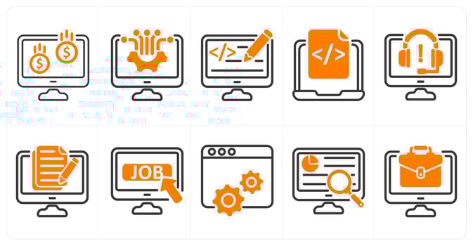 A set of 10 business icons as online earning, computer technology, web designing in orange color vector