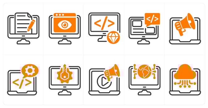 A set of 10 seo icons as content writing, online viewer, clean code in orange color vector