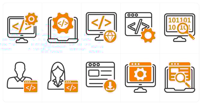 A set of 10 seo icons as software development, website development, clean code in orange color vector