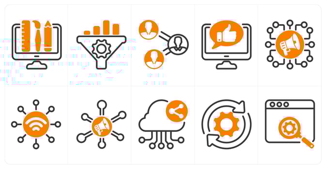 A set of 10 seo icons as creative design, seo conversion rate, online comment in orange color vector