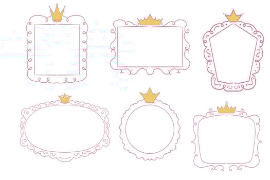 Cute Princess pink frame sketch with crown swirl decorations. Simple doodle hand drawn border. Whimsical elegant vintage. vector