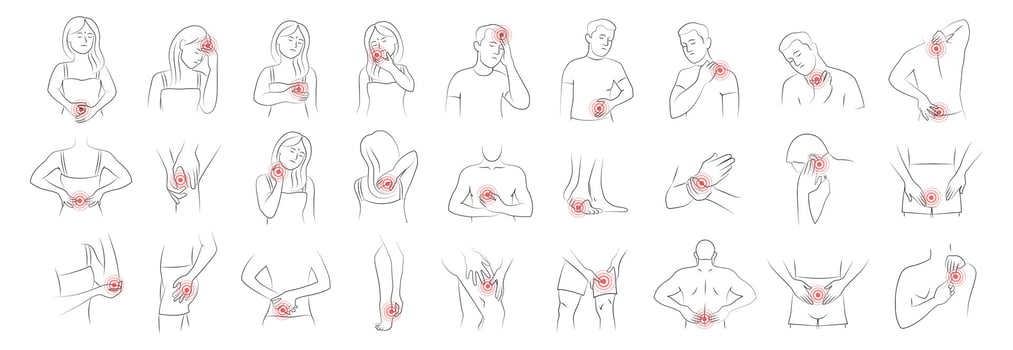Pain Location in Male and Female Body. Outline Silhouette Set vector