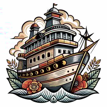 A large ship with a red and white flag on top vector