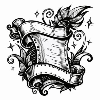 A black and white drawing of a scroll with a leafy border vector