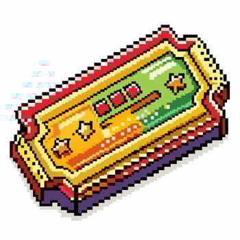 Retro Pixel Art Arcade Game Ticket with Colorful Pixelated Design vector