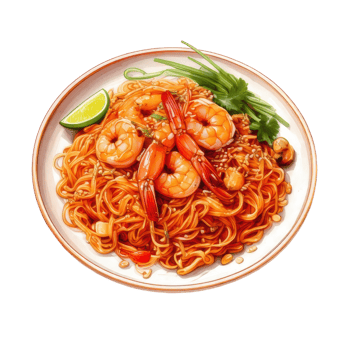 Watercolor pad Thai is fried noodle Thai style with prawns with lemon in white dish clip art illustration png