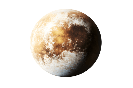 Planetary view a spherical, mottled planet with brown, gold, and pale white features against a stark transparent background png