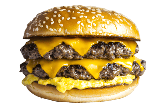 Double patty cheeseburger with melted cheese and sesame bun, against a plain background png