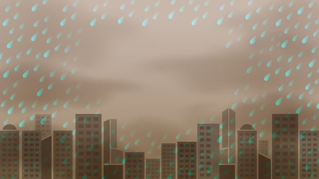 rainy storm dark and landscape building background, acid rain pollution, rainy storm and copy space, raindrop in dark sky and air misty climate polluted, monsoon storm for ecological disaster concept vector