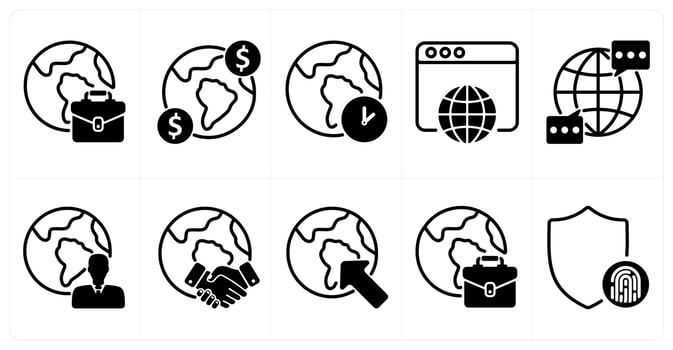 A set of 10 business icons as international business, income, time zone in black color vector