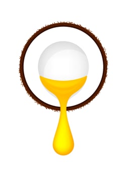 coconut half cut and oil drop yellow gold isolated on white, coconut cooking oil for icon, brown coconut and oily oil pouring, coconut with oil drop flow for cosmetics ingredient vector