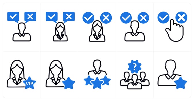 A set of 10 business icons as decision, decision making confusion, vip user in blue color vector