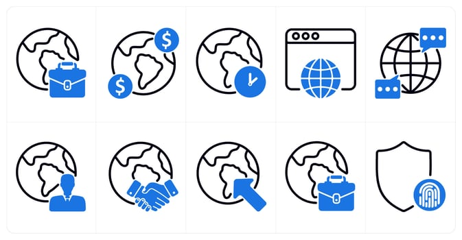 A set of 10 business icons as international business, income, time zone in blue color vector