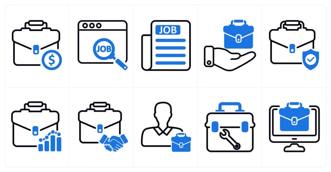 A set of 10 business icons as work, job, job newspaper in blue color vector