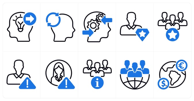 A set of 10 business icons as keyword forward, mind reload, decision making process in blue color vector