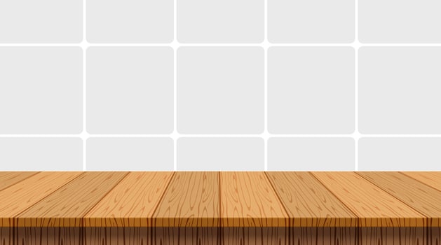 wood table empty on wall tiles ceramic background, tabletop and copy space text, top shelf wood front mosaic wall tiles kitchen room, wooden top table at tiled grey pastel soft, mock-up counter desk vector