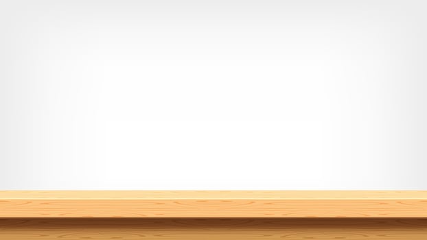 wood plank empty front view for background and copy space, blank table top wooden brown for decoration room, vintage wood plank for background, wooden table on grey wall, table wood plank, front view vector