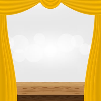 wood table and luxury yellow gold curtains for advertise product display, wooden top table decoration with curtain, wood plank board space for banner copy space text, tabletop front view for banner vector