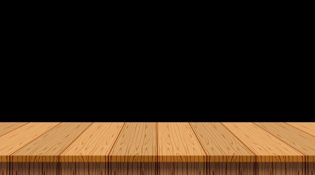 wood plank empty front view for background and copy space, blank table top wooden brown for decoration display, vintage wood plank for banner design, wooden table on black wall, table wood plank front vector