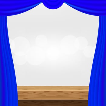 empty wood table and luxury blue curtains for advertise product display, wooden top table decoration with curtain, wood plank board space for banner copy space text, tabletop front view vector