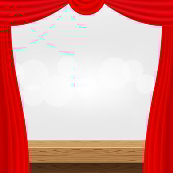 wood table and luxury red curtains for advertise product display, wooden top table decoration with curtain red, wood plank board space for banner copy space text, tabletop front view for banner vector