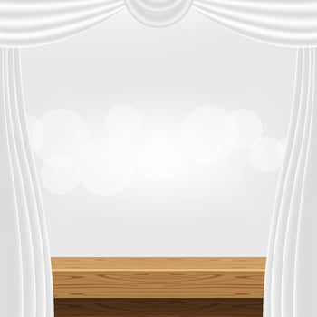 tabletop front view and luxury grey curtain for advertise product display, wooden top table decoration with curtain white, wood plank board space for banner copy space, empty wood table for banner ad vector