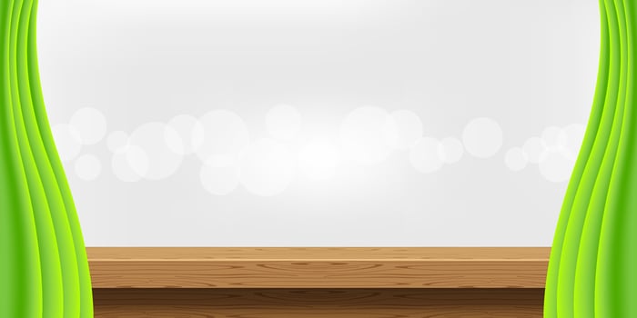 empty wood table and luxury green curtains for advertise product display, wooden top table decoration with curtains, wood plank board space for banner copy space text, tabletop front for banner vector
