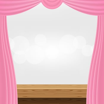 wood table and luxury pink curtains for advertise product display, wooden top table decoration with curtain, wood plank board space for banner copy space text, tabletop front view for banner ad vector