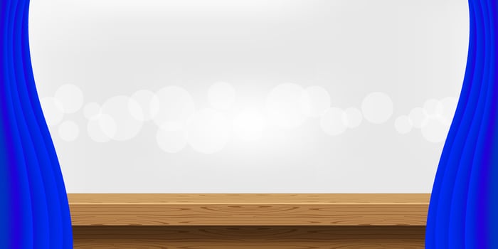wood table and luxury blue curtains for advertise product display, wooden top table decoration with curtain, wood plank board space for banner copy space text, tabletop front view for banner ad vector