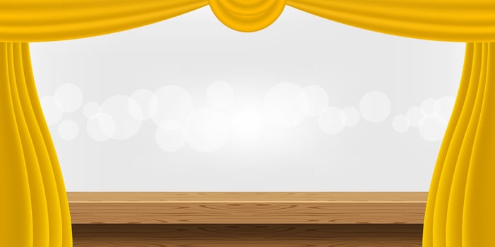 wood table and luxury yellow gold curtains for advertise product display, wooden top table decoration with curtain, wood plank board space for banner copy space text, tabletop front view for banner ad vector
