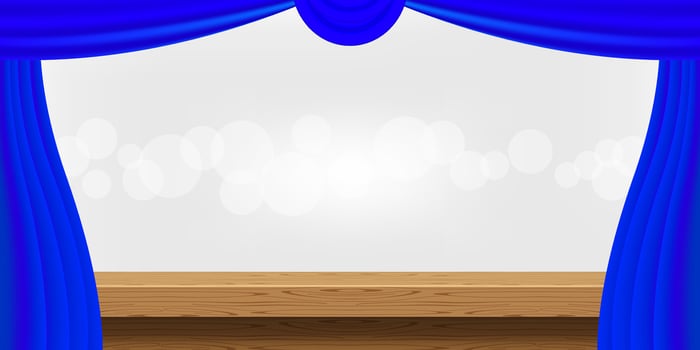 empty wood table and luxury blue curtains for advertise product display, wooden top table decoration with curtain, wood plank board space for banner copy space text, tabletop front view for banner ad vector