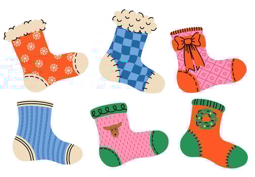 Festive collection of Christmas stockings with various designs. Sock-shaped bags for winter holidays. New Year decoration. Cozy socks for seasonal celebrations, banners, cards. Cute xmas patterns. vector