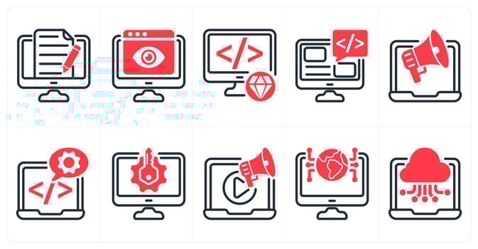A set of 10 seo icons as content writing, online viewer, clean code in red color vector