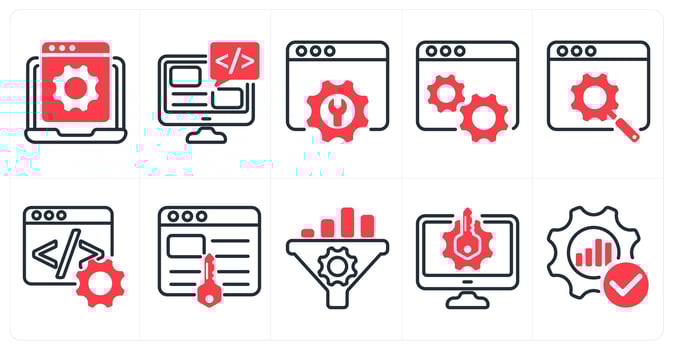 A set of 10 seo icons as website development, seo service, web settings in red color vector