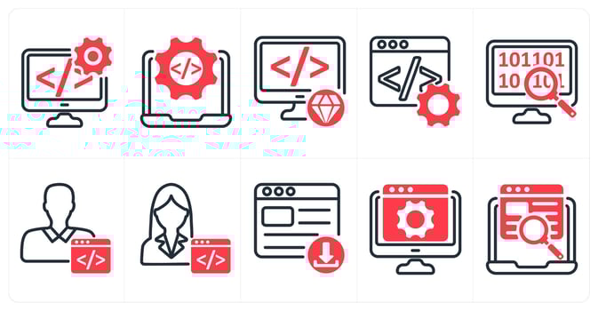 A set of 10 seo icons as software development, website development, clean code in red color vector