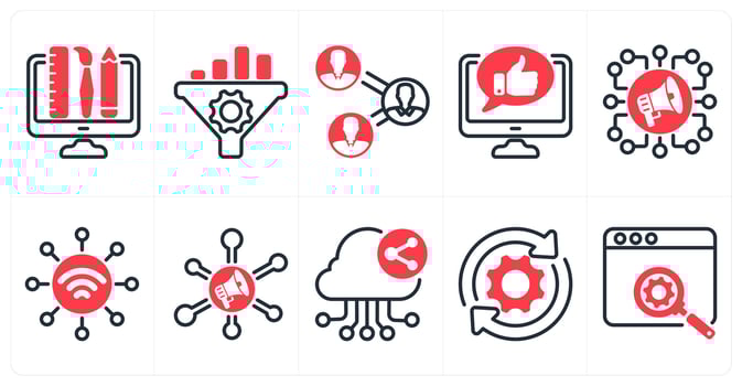 A set of 10 seo icons as creative design, seo conversion rate, online comment in red color vector