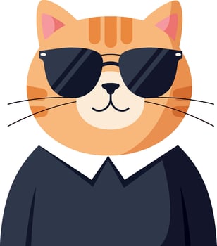 Cool orange tabby cat wearing black sunglasses and dark shirt flat minimal illustration vector